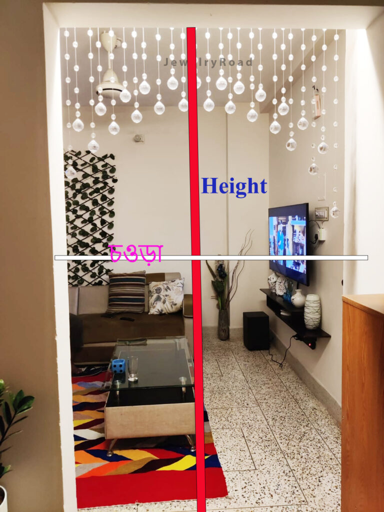 Crystal curtain measurement image showing width and height dimensions for installation - JewelryRoad